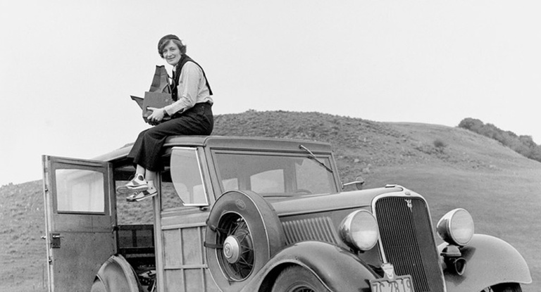 Dorothea Lange on a car