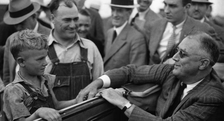 President Franklin Delano Roosevelt greets drought-stricken farmers in North Dakota, 1936