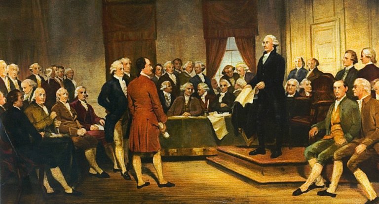 Painting by Junius Brutus Stearns of the signing of the U.S. Constitution
