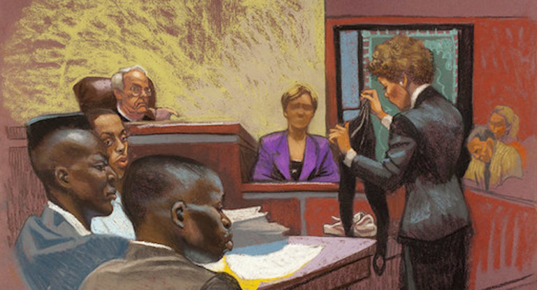 A courtroom rendering from the first Central Park Jogger trial
