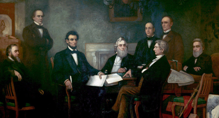 Painting by Francis Bicknell Carpenter of the First Reading of the Emancipation Proclamation of President Lincoln, 1864.