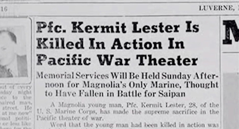 Newspaper with article about soldier killed in WWII