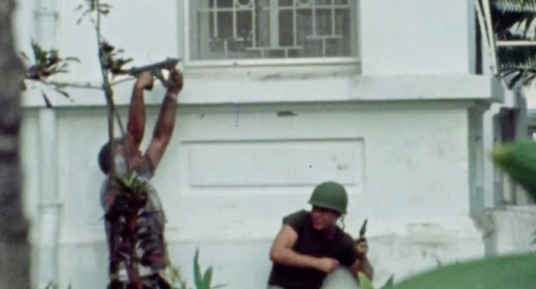Soldiers fight during an attack on the US Embassy