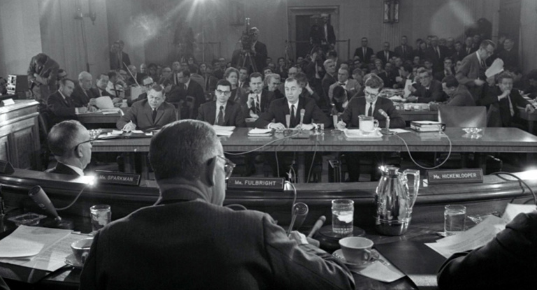 Press and committee members gather for the U.S. Senate Foreign Relations Committee hearings on Vietnam.