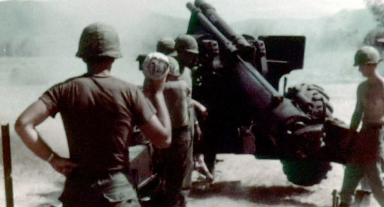 American soldiers use artillery to fight enemy soldiers.